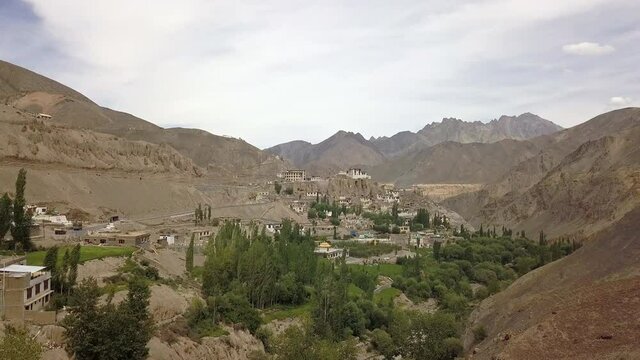 Drone Flying Towards The Lamayuru Monastery At Daytime In Leh Ladakh, India. - aerial push in shot