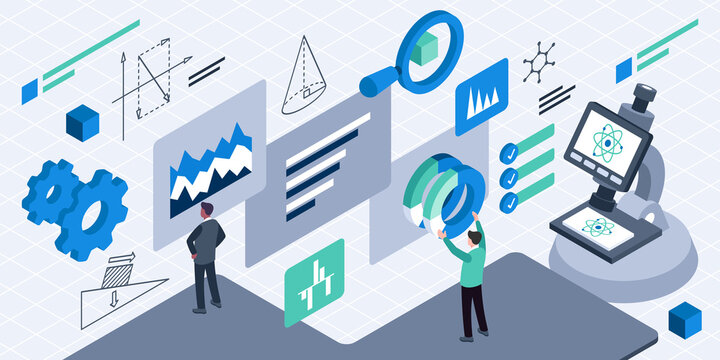 Isometric vector illustration of R and D management