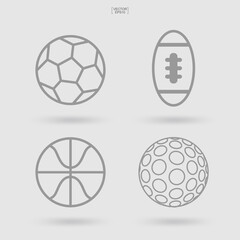 Set of sports ball icon. Abstract sport sign and symbol of soccer, football, basketball and golf. Simple flat icon for web site or mobile app. Vector.