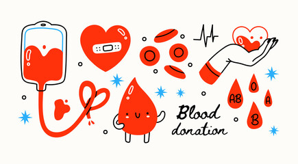 Blood bag, hearts, cute drop mascot. Hand drawn Vector illustrations. Hematology icons set. Donate Blood, Health Care Concept. World Blood Donor Day. Trendy digital art. All elements are isolated - obrazy, fototapety, plakaty