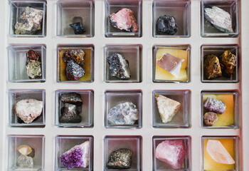 Mineral collection box, geologist background