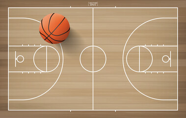 Basketball ball in basketball court area. With wooden pattern background. Vector.