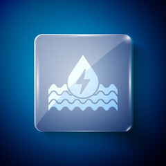 White Water energy icon isolated on blue background. Ecology concept with water droplet. Alternative energy concept. Square glass panels. Vector.