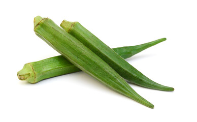 Fresh raw okra isolated on white background, horizontal with copy space