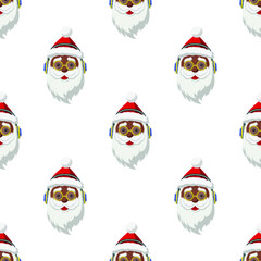 Seamless pattern of black Santa Claus hipster style with earphones and glasses. Illustration for christmas and new year background