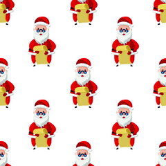 Seamless pattern for Christmas holiday with Santa Claus and long paper list. Childish background. Vector Illustration on transparent background