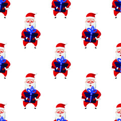 Seamless pattern for Christmas holiday with Santa Claus and gift. Childish background. Vector Illustration on transparent background