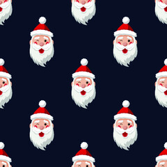 Seamless pattern for Christmas holiday with Santa Claus winks. Endless background. Vector Illustration on dark blue background