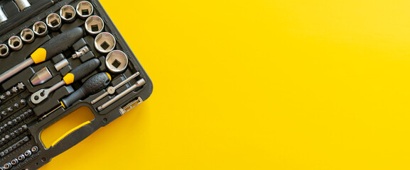 top view of the black case with collection kit of manual steel tools with copy space