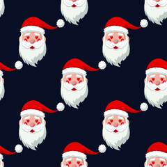 Seamless pattern for Christmas holiday with happy Santa Claus with love symbol in eyes. Endless background. Vector Illustration on dark blue background