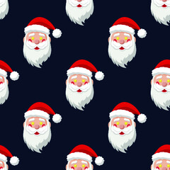Seamless pattern for Christmas holiday with happy Santa Claus with star symbol in eyes. Endless background. Vector Illustration on dark blue background