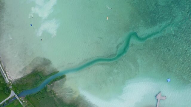 Top down aerial shot, Scenic view of Achensee lake in Austria, Crystal clear water in the background.