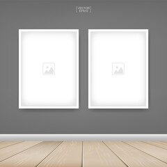 Empty photo frame or picture frame background in wooden room space background. For room design and interior decoration. Vector.