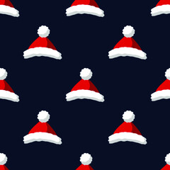 Seamless pattern for Christmas holiday with Santa Claus red hat. Vector Illustration on dark blue background