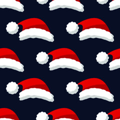 Seamless pattern for Christmas holiday with Santa Claus red hat. Vector Illustration on dark blue background