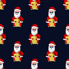 Seamless pattern for Christmas holiday with happy Santa Claus and long list. Childish background. Vector Illustration on dark blue background