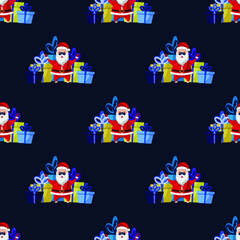 Seamless pattern for Christmas holiday with happy Santa Claus and pile of gift boxes. Childish background. Vector Illustration on dark blue background