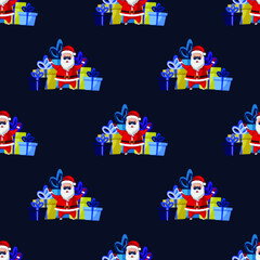 Seamless pattern for Christmas holiday with happy Santa Claus and pile of gift boxes. Childish background. Vector Illustration on dark blue background