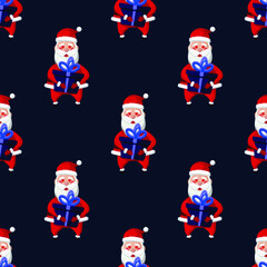 Seamless pattern for Christmas holiday with happy Santa Claus and gift box. Childish background. Vector Illustration on dark blue background