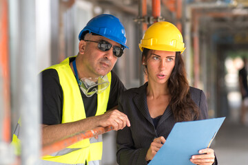 Male and female engineers at construction site reviewing plans and office blueprints