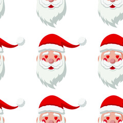 Seamless pattern for Christmas with Santa Claus with herts and love symbol in eyes. Childish background. Vector Illustration on transparent background