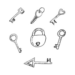 A set of different keys from the lock. Castle. Doodle, vector illustration. Hand drawing