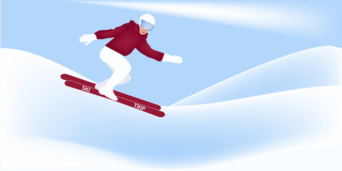 Obraz premium Skier, cheerful girl jumping - snow, mountain landscape - vector. Winter sports.