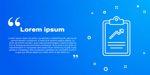 White line Clipboard with graph chart icon isolated on blue background. Report text file icon. Accounting sign. Audit, analysis, planning. Vector.
