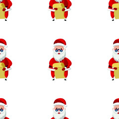 Seamless pattern for Christmas with Santa Claus and long paper list. Childish background. Vector Illustration on transparent background