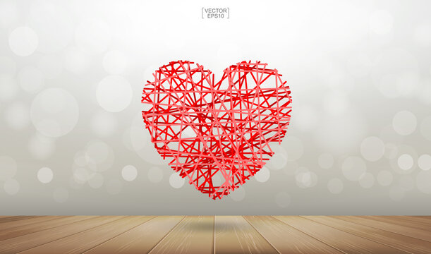 Abstract red heart floating over wooden texture background with light blurred bokeh. Vector.