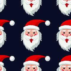 Santa Claus with tongue in Einstein style. Christmas Seamless Pattern with Christmas elements. Vector Illustration on dark blue background