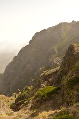 Hiking on the mountain ridge of Madeira Island on the way to Pico Ruivo, Portugal