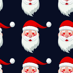 Santa Claus with heart in eyes. Christmas Seamless Pattern with Christmas elements. Vector Illustration on dark blue background