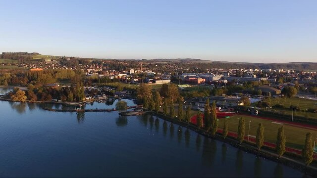 Aerial view of the city of Yverdon-les-Bains, Switzerland, Drone, Lake, Sunset