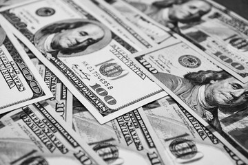 Black and white American Dollars Cash Money background for money market fund concept. One Hundred...