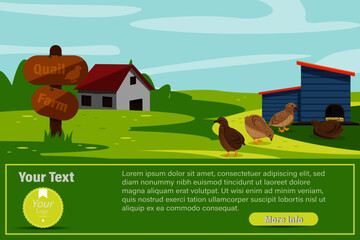 Vector illustration of a quail farm in summer landscape. Landing page for quail farmer