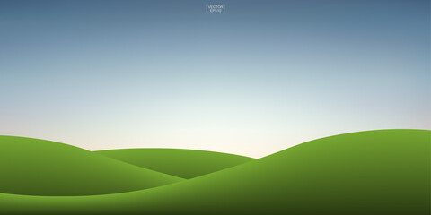 Fototapeta premium Green grass hill and sunset sky background. Outdoor natural background for template design. Vector.