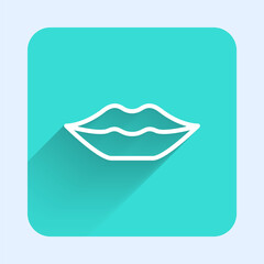 White line Smiling lips icon isolated with long shadow. Smile symbol. Green square button. Vector.