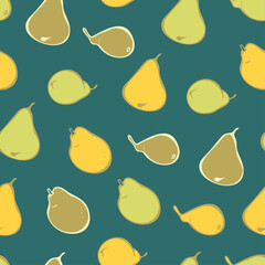 Vector seamless pattern of yellow and green pears on green background. Fruit vector pattern. Concept for food store.