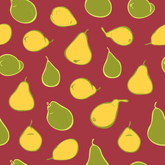 Vector seamless pattern of yellow and green pears on red background. Fruit vector pattern. Concept for food store.