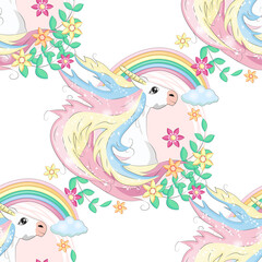 pattern with cute unicorns, clouds,rainbow and stars. Magic background with little unicorns