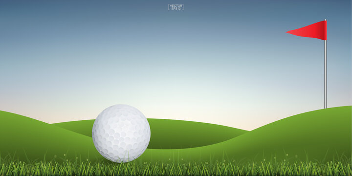 Golf Ball On Green Hill Of Golf Court With Sunset Sky Background. Vector.