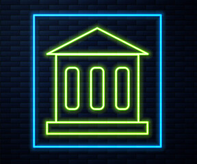 Glowing neon line Bank building icon isolated on brick wall background. Vector.