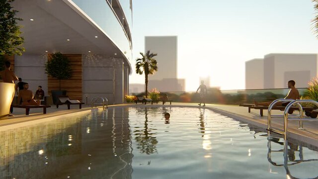 Animation of people enjoying by the swimming pool