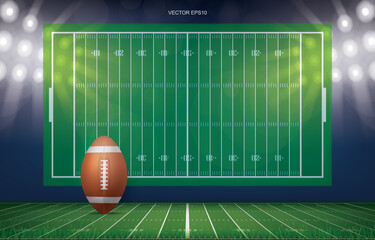 Football ball on football field stadium background. With perspective line pattern of american football field. Vector.