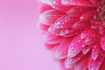 Pink Gerbera flower petals with drops of water, macro on flower, beautiful abstract background