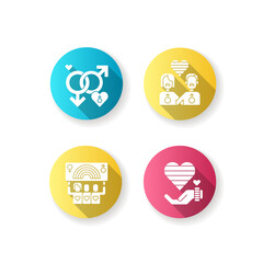 LGBT community flat design long shadow glyph icons set. Pride society discrimination problems. Lesbian love. Transgender symbol. Same sex couple. Silhouette RGB color illustration