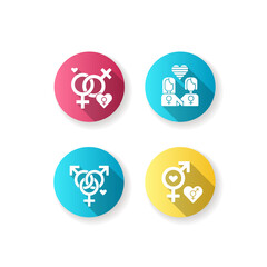 Fototapeta premium Peaceful pride parade flat design long shadow glyph icons set. Lesbian couple. Rainbow heart. Bisexual and gay relationship. Silhouette RGB color illustration