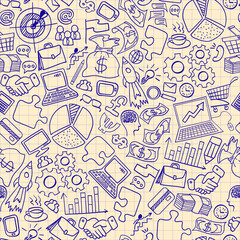 Business hand drawn doodles seamless pattern. Hand drawn icons on a copybook paper. Vector illustration.