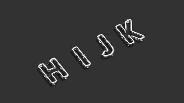 Neon H I J K symbols, broken glowing font mockup